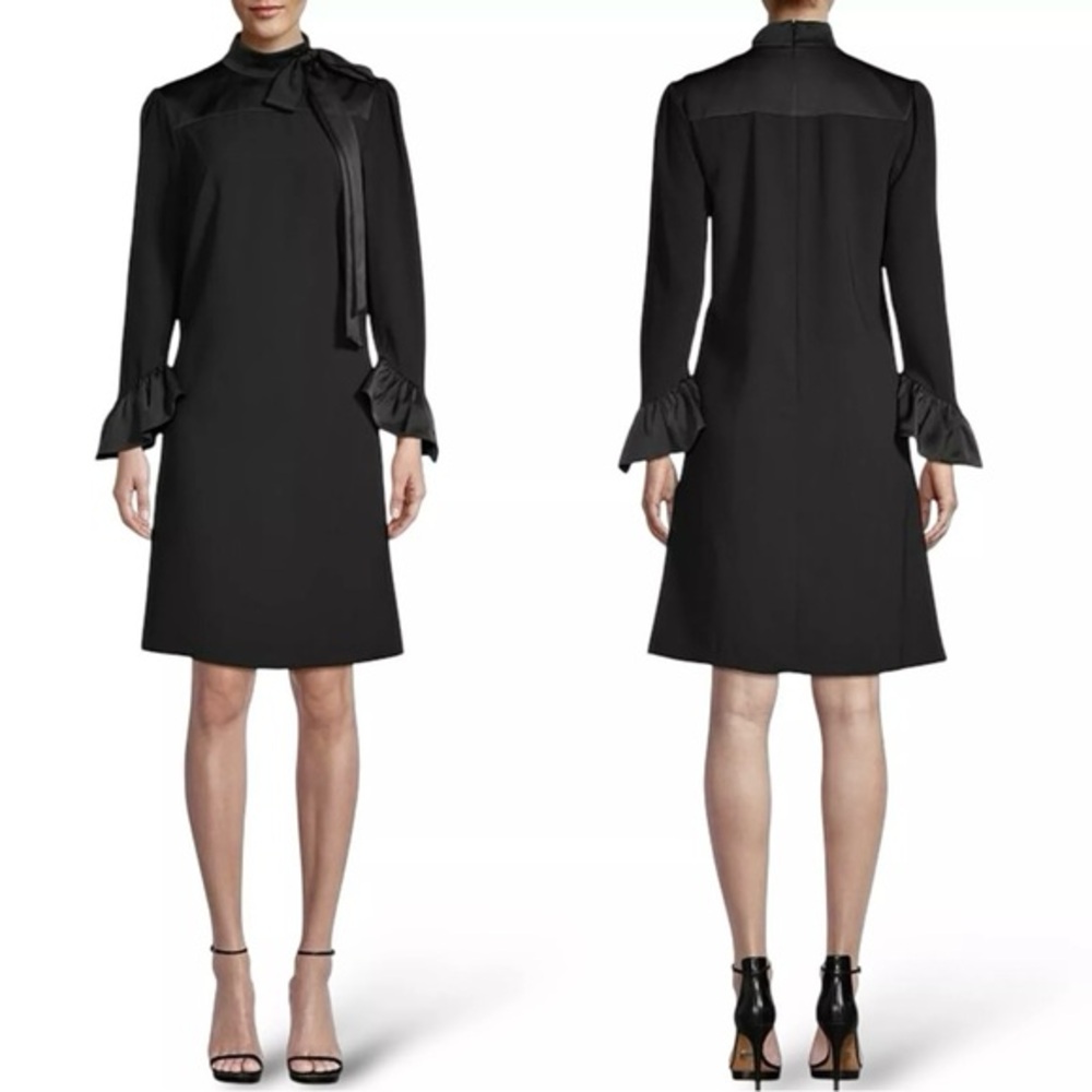 Mikael Aghal Saks Long Sleeve A Line Dress Size 0 Black Satin Tie Neck Ruffle